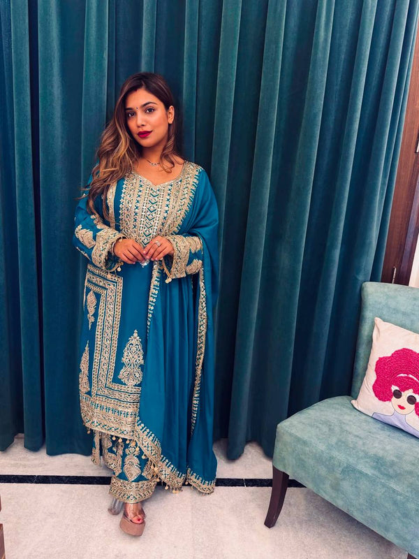 Fantastic Blue Color Pure Chinon Silk With Heavy Embroidery Coding Dori Sequence Work Palazzo Suit