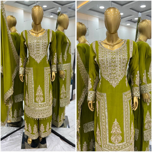 Fantastic Green Color Pure Chinon Silk With Heavy Embroidery Coding Dori Sequence Work Palazzo Suit