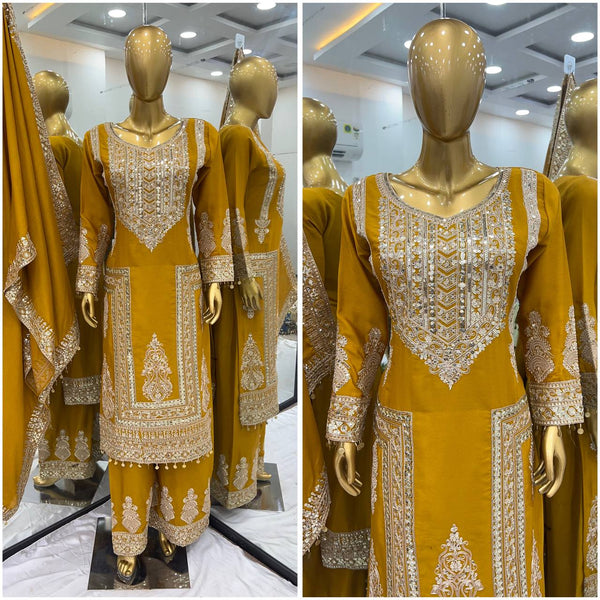 Fantastic Mustard Color Pure Chinon Silk With Heavy Embroidery Coding Dori Sequence Work Palazzo Suit
