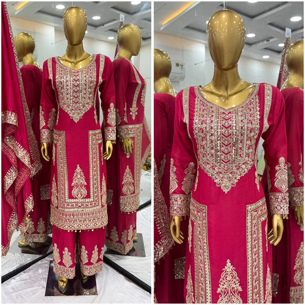 Fantastic Pink Color Pure Chinon Silk With Heavy Embroidery Coding Dori Sequence Work Palazzo Suit