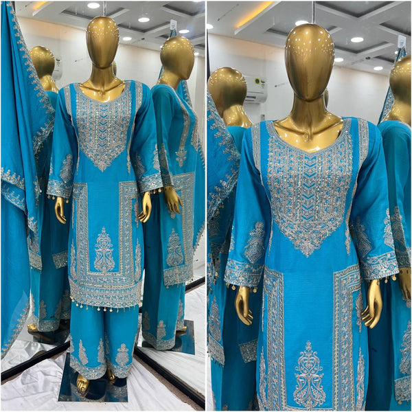 Fantastic Sky Color Pure Chinon Silk With Heavy Embroidery Coding Dori Sequence Work Palazzo Suit