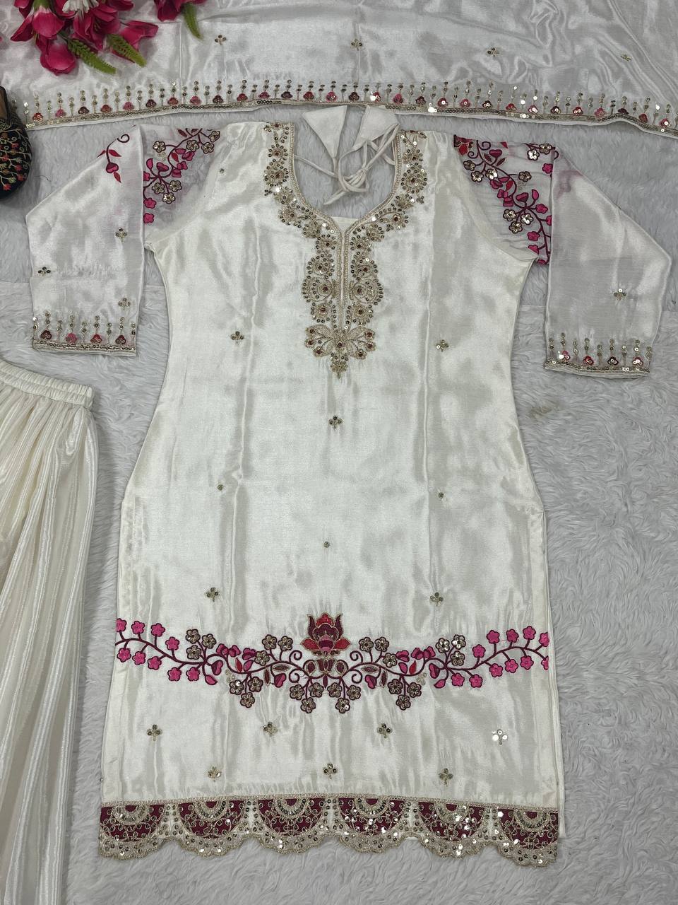 Mesmerizing Off White Color Chinon Silk Heavy Embroidery Work Palazzo Suit