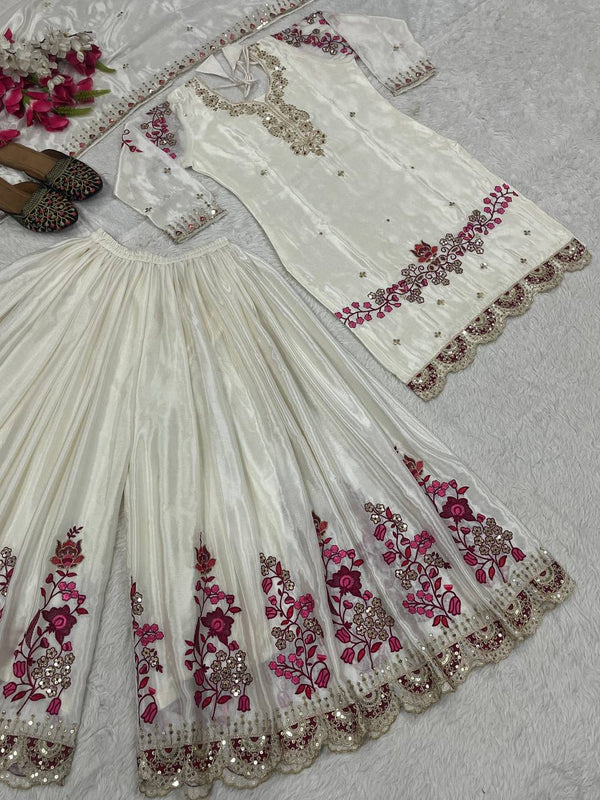 Mesmerizing Off White Color Chinon Silk Heavy Embroidery Work Palazzo Suit