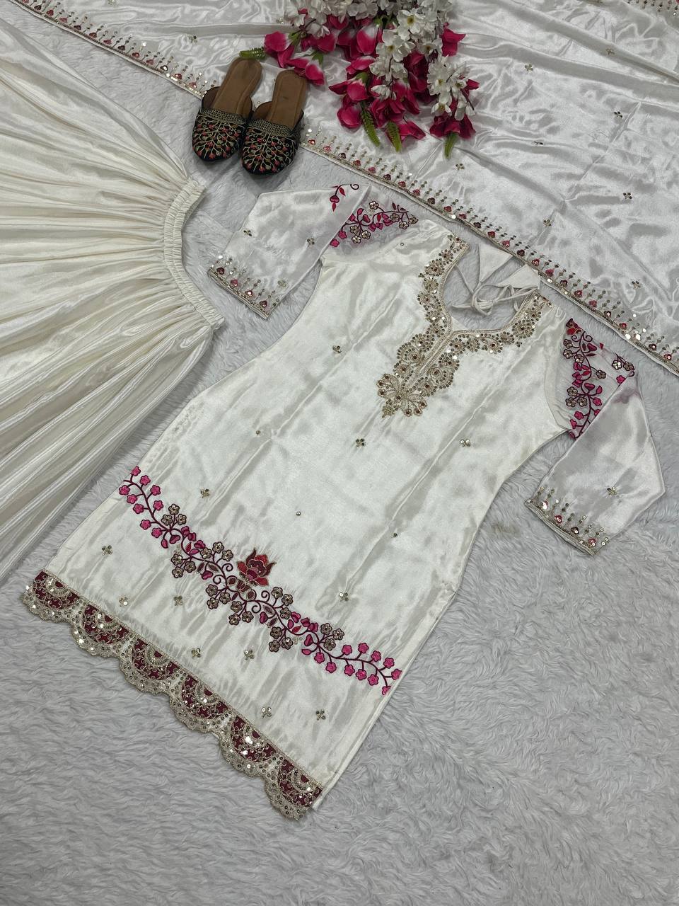 Mesmerizing Off White Color Chinon Silk Heavy Embroidery Work Palazzo Suit
