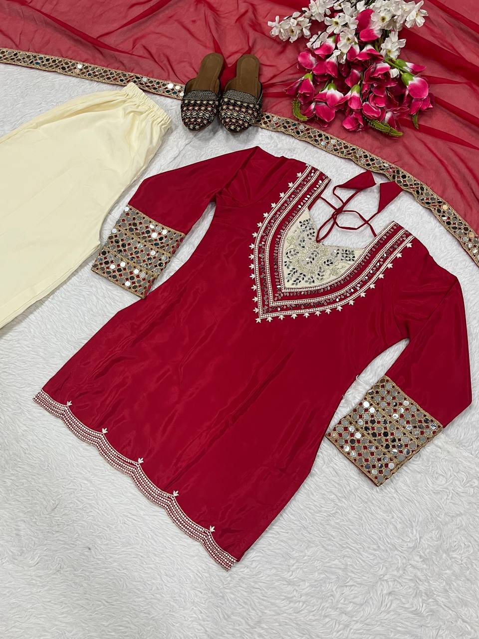 Ceremony Wear Maroon Color Heavy Natural Crepe 3-Piece Palazzo Set