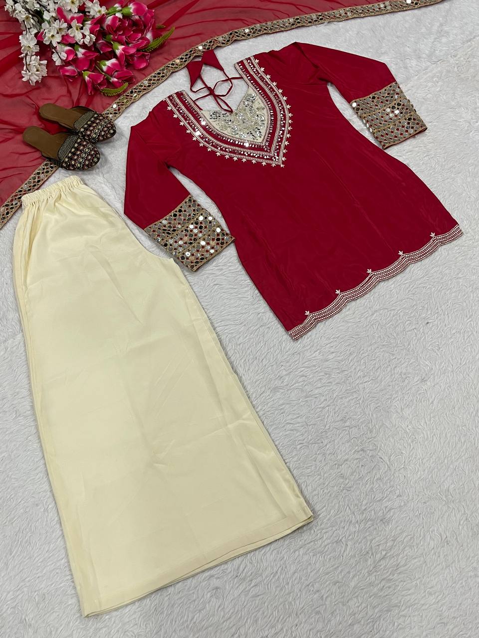 Ceremony Wear Maroon Color Heavy Natural Crepe 3-Piece Palazzo Set