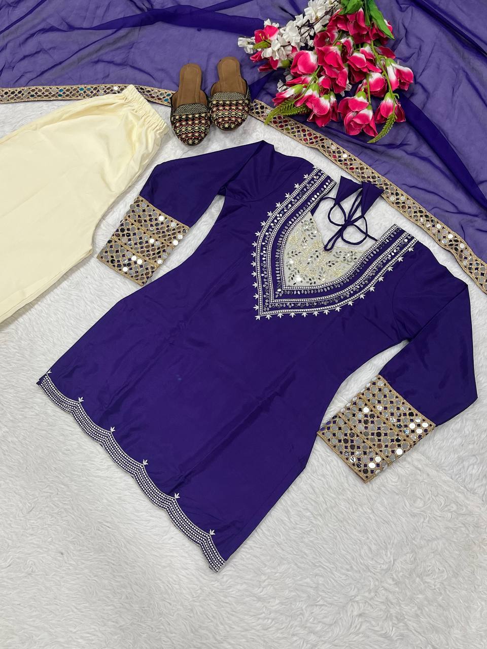 Ceremony Wear Blue Color Heavy Natural Crepe 3-Piece Palazzo Set