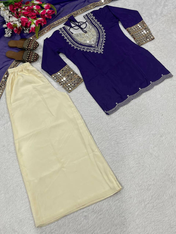 Ceremony Wear Blue Color Heavy Natural Crepe 3-Piece Palazzo Set