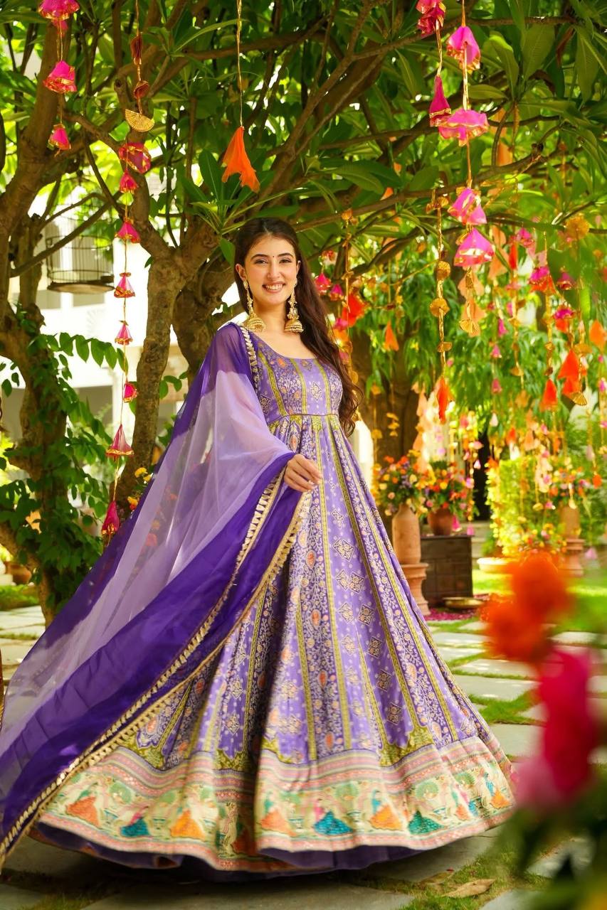 Festive Wear Lavender Color Jimmy Organza Silk Anarkali Gown