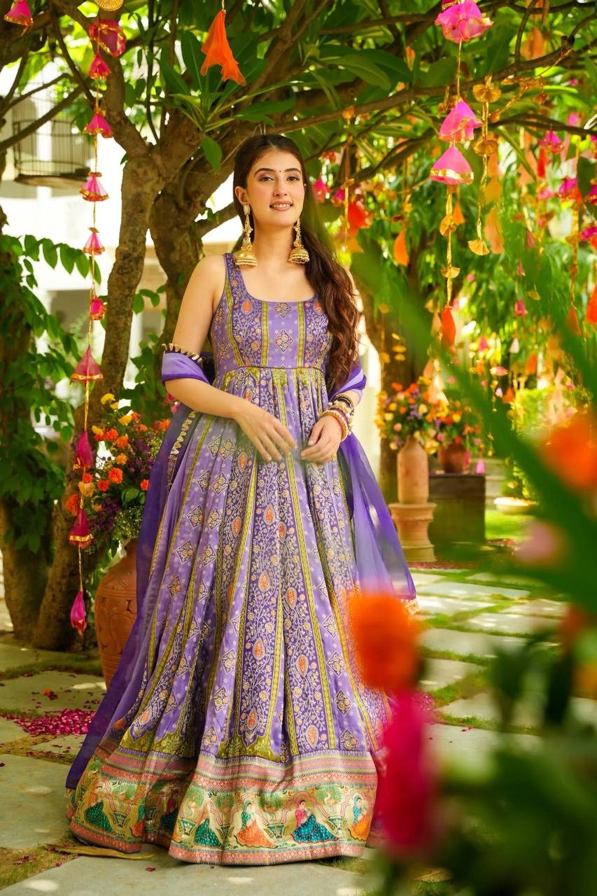 Festive Wear Lavender Color Jimmy Organza Silk Anarkali Gown