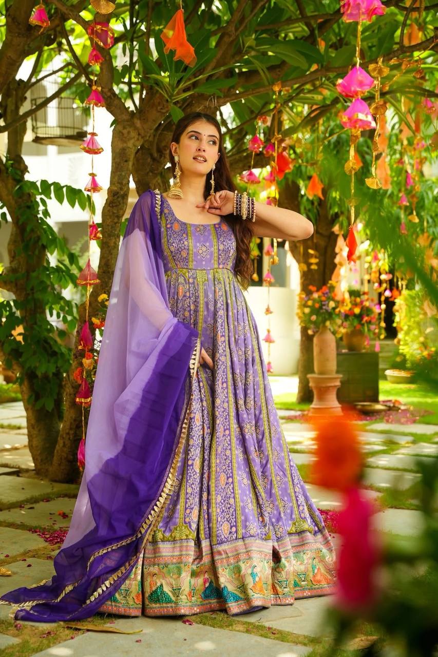 Festive Wear Lavender Color Jimmy Organza Silk Anarkali Gown