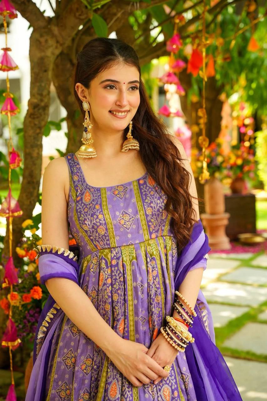 Festive Wear Lavender Color Jimmy Organza Silk Anarkali Gown