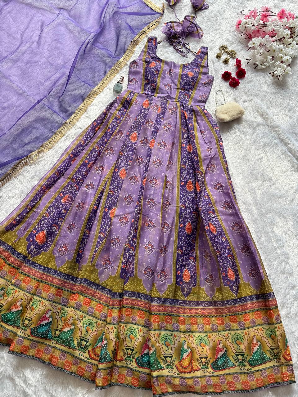 Festive Wear Lavender Color Jimmy Organza Silk Anarkali Gown