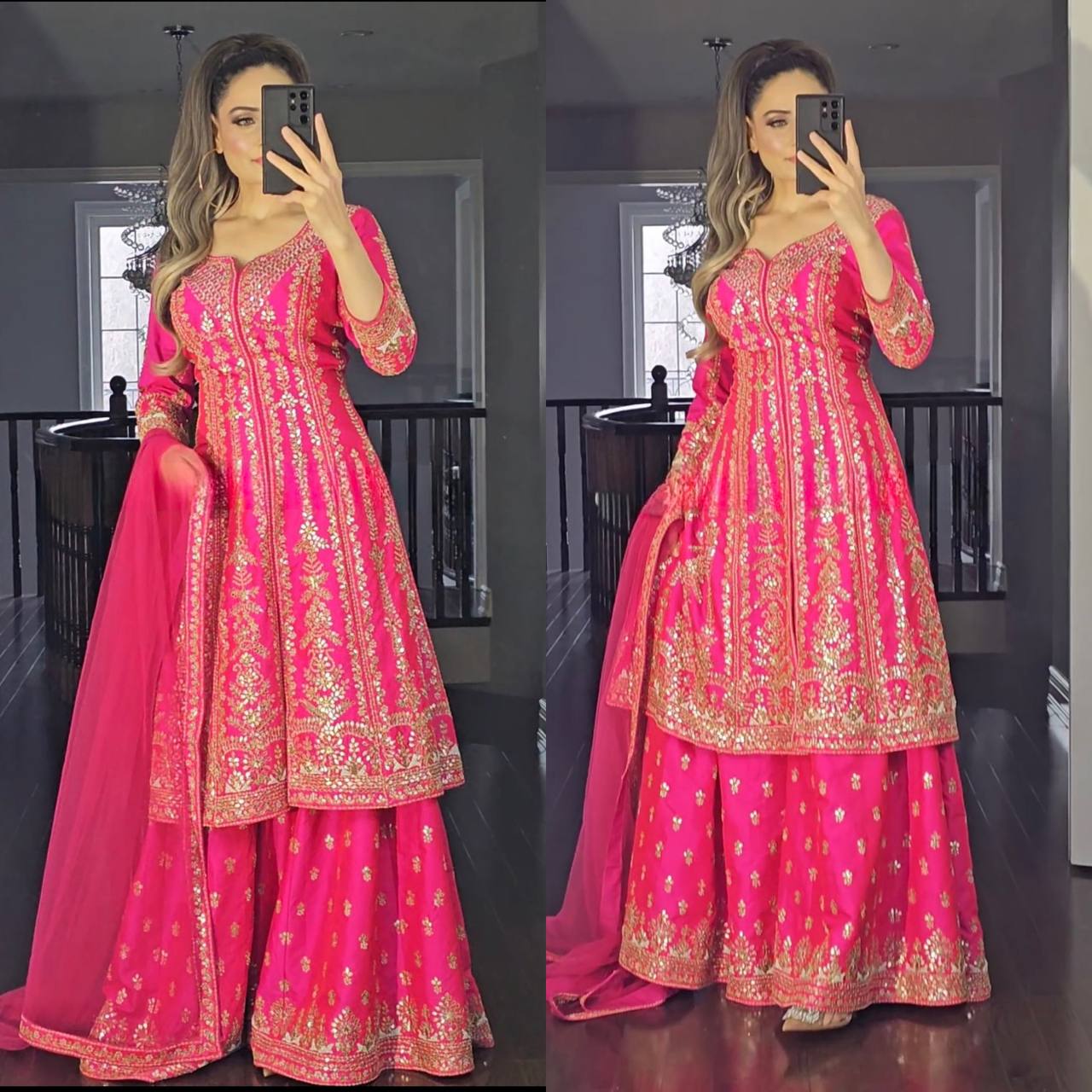 Exclusive Pink Color Heavy Malay Satin Silk 3-Piece Sharara Set