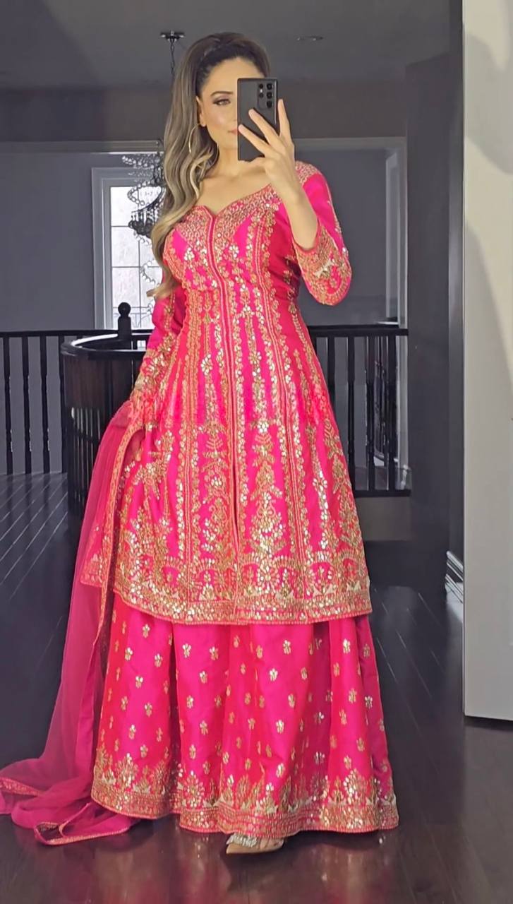 Exclusive Pink Color Heavy Malay Satin Silk 3-Piece Sharara Set