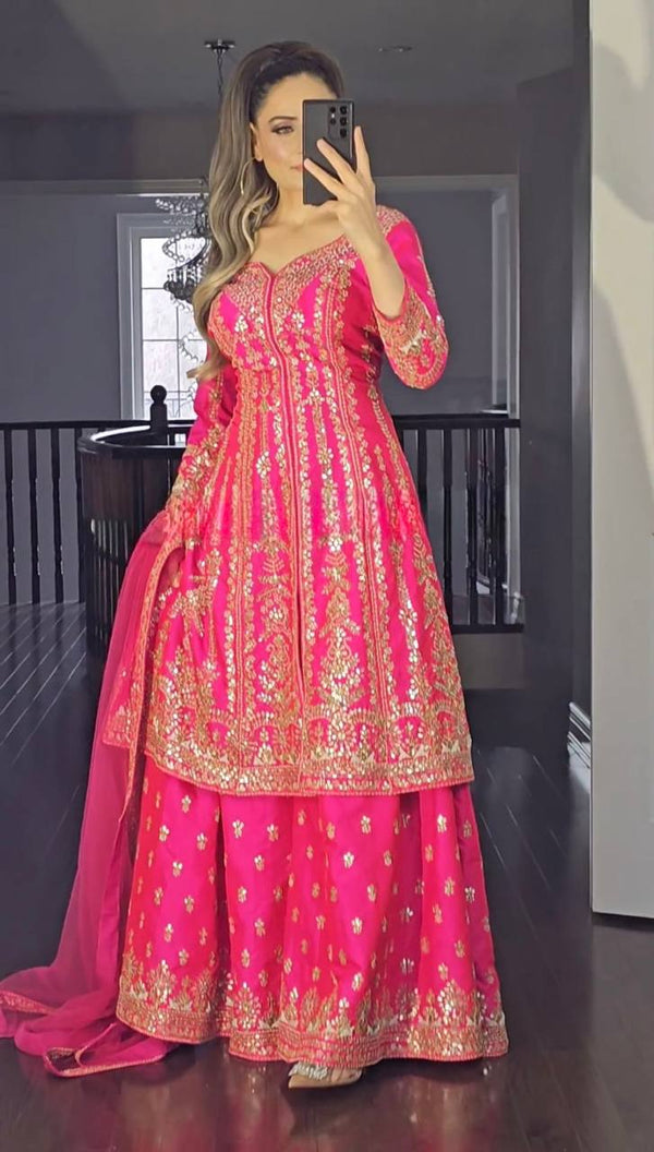 Exclusive Pink Color Heavy Malay Satin Silk 3-Piece Sharara Set