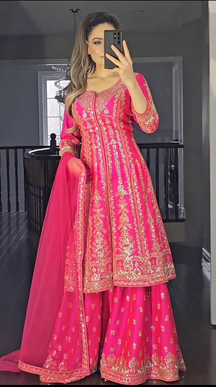 Exclusive Pink Color Heavy Malay Satin Silk 3-Piece Sharara Set
