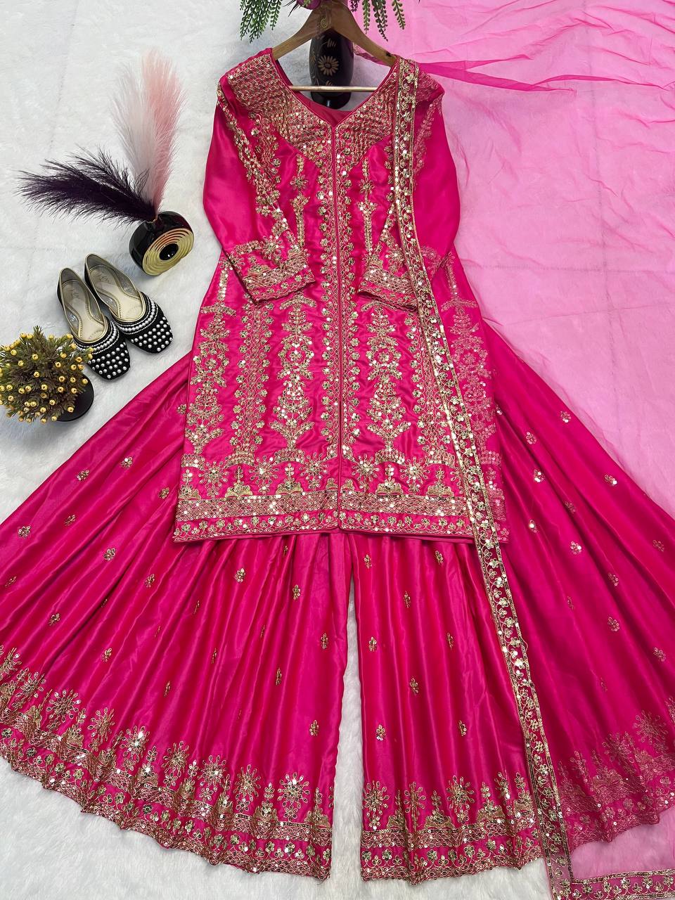 Exclusive Pink Color Heavy Malay Satin Silk 3-Piece Sharara Set
