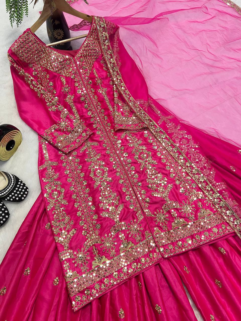Exclusive Pink Color Heavy Malay Satin Silk 3-Piece Sharara Set