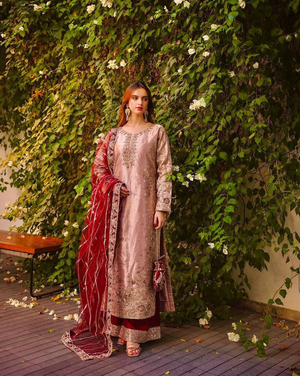 Trendy Peach Color Heavy Frendy Silk Beautiful Embroidery And Sequence Work Palazzo Suit
