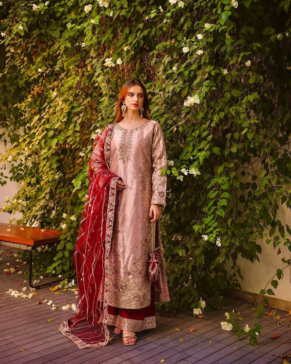 Trendy Peach Color Heavy Frendy Silk Beautiful Embroidery And Sequence Work Palazzo Suit