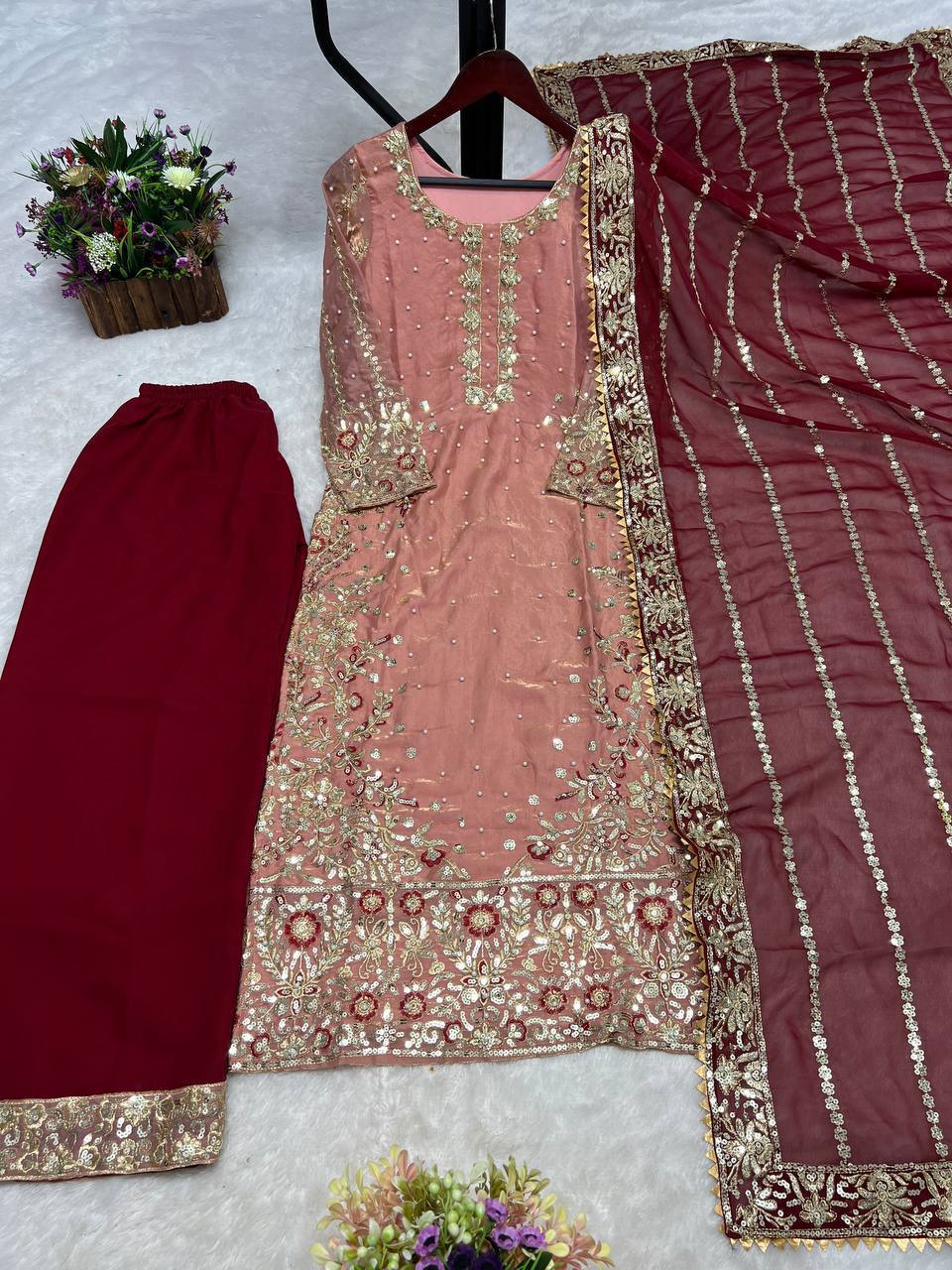 Trendy Peach Color Heavy Frendy Silk Beautiful Embroidery And Sequence Work Palazzo Suit