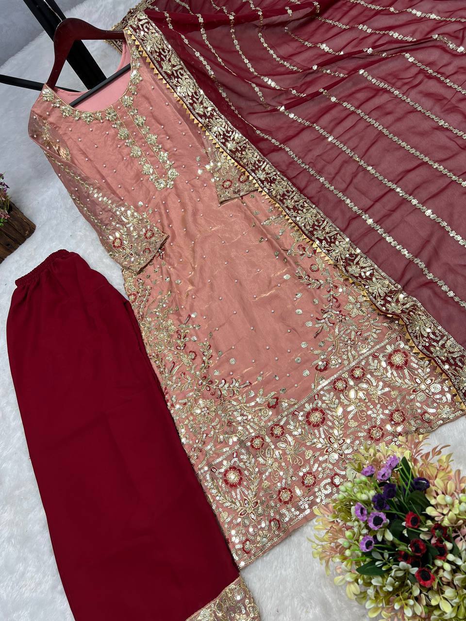 Trendy Peach Color Heavy Frendy Silk Beautiful Embroidery And Sequence Work Palazzo Suit