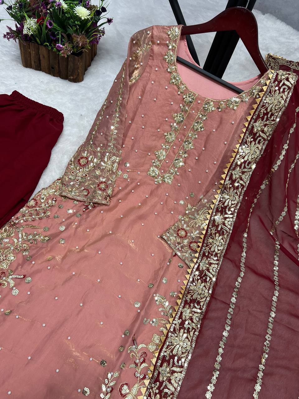 Trendy Peach Color Heavy Frendy Silk Beautiful Embroidery And Sequence Work Palazzo Suit