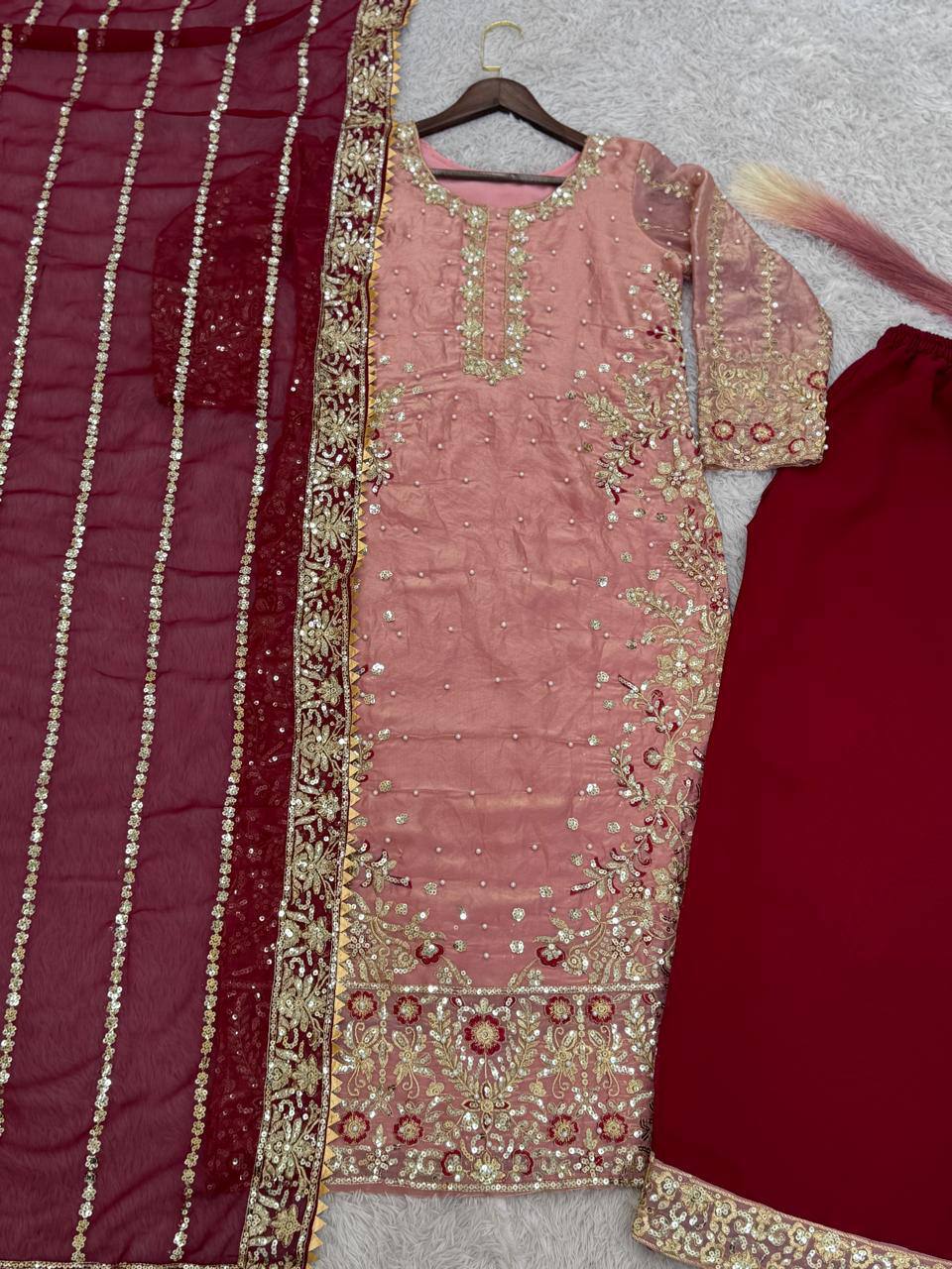 Trendy Peach Color Heavy Frendy Silk Beautiful Embroidery And Sequence Work Palazzo Suit