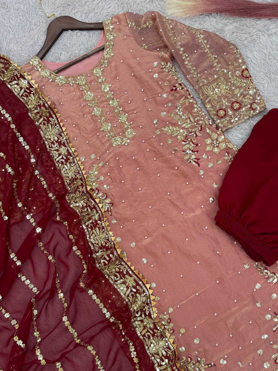 Trendy Peach Color Heavy Frendy Silk Beautiful Embroidery And Sequence Work Palazzo Suit