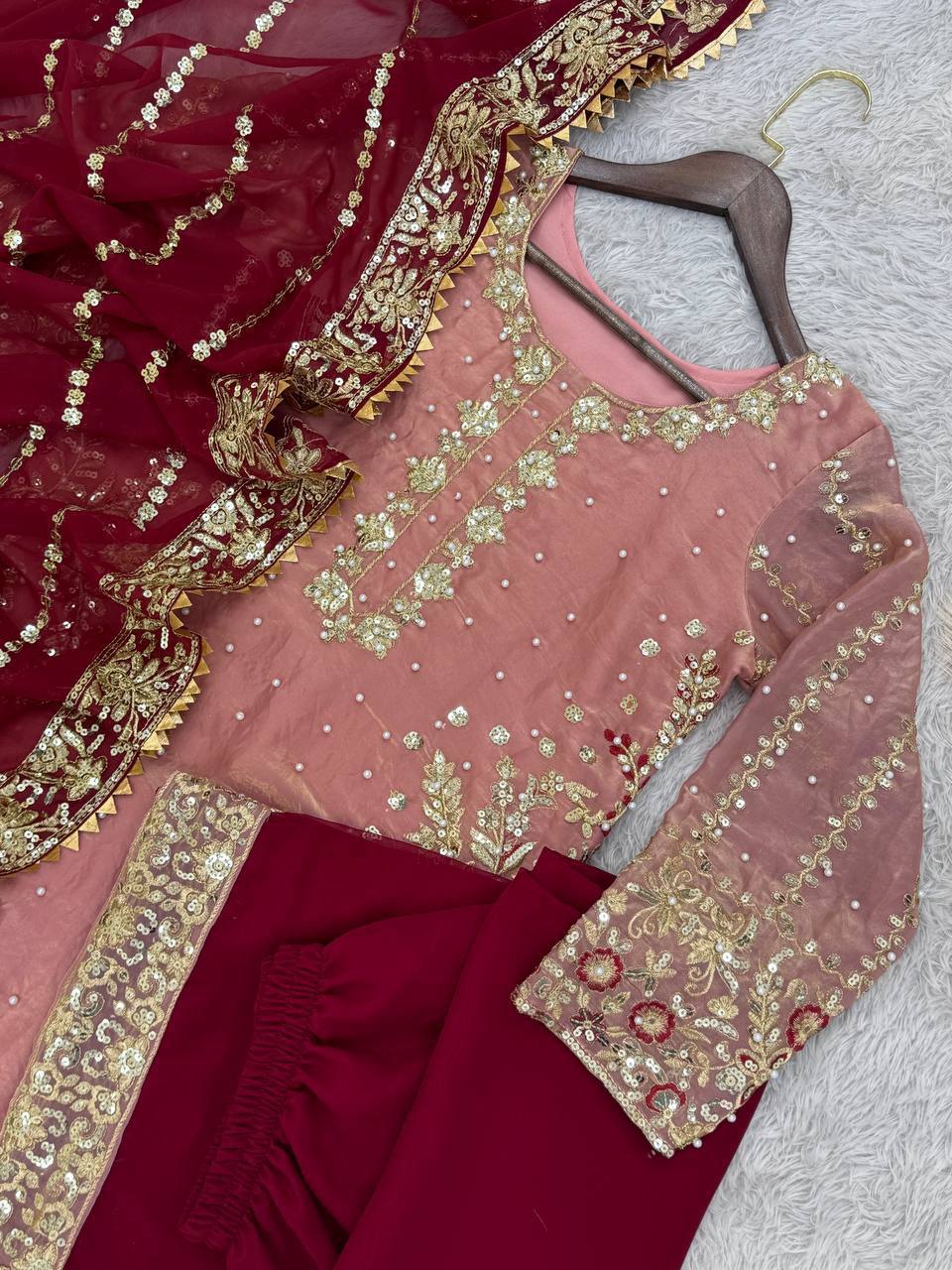 Trendy Peach Color Heavy Frendy Silk Beautiful Embroidery And Sequence Work Palazzo Suit