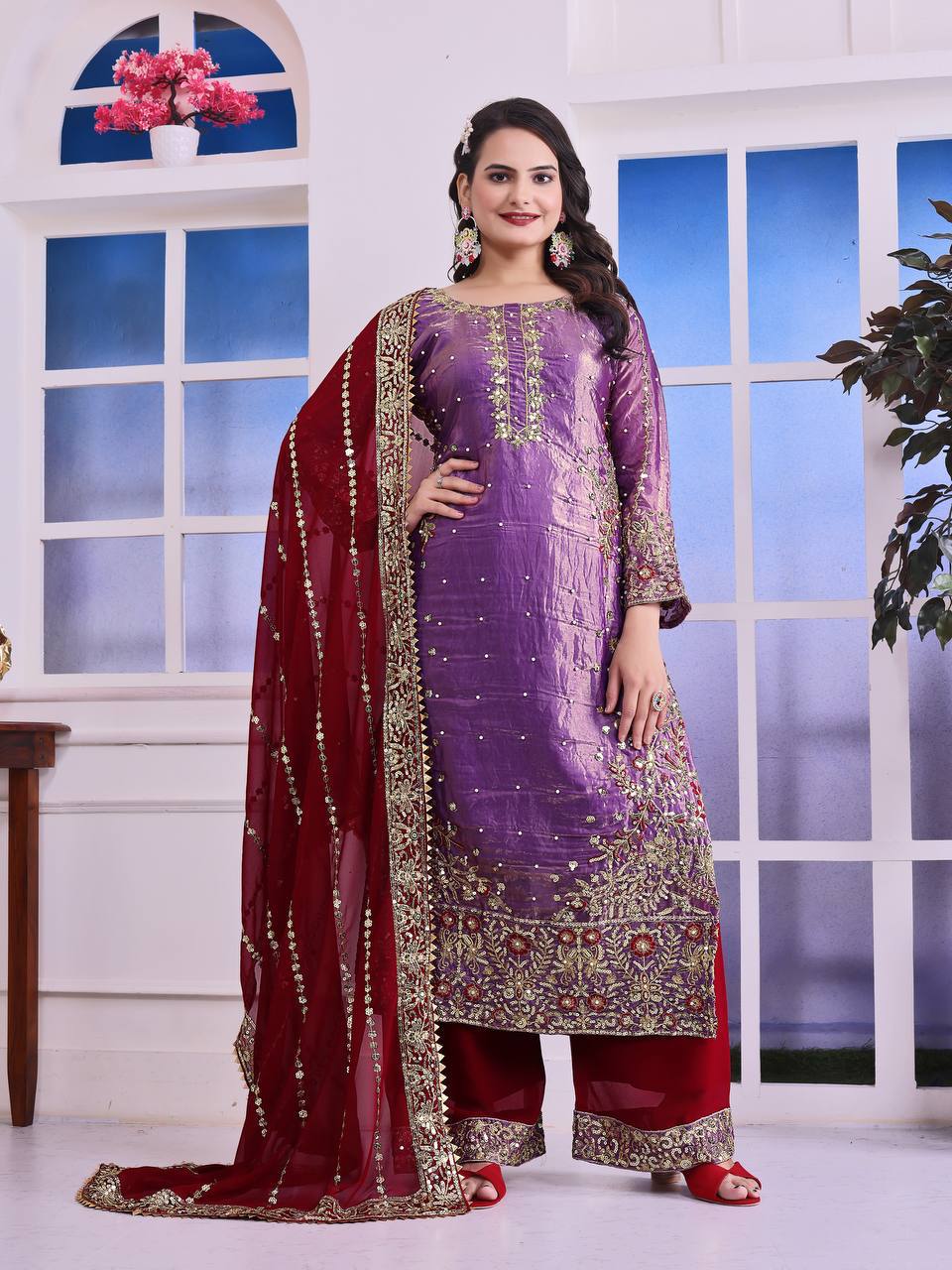 Shining Purple Color Heavy Frendy Silk Beautiful Embroidery And Sequence Work Palazzo Suit