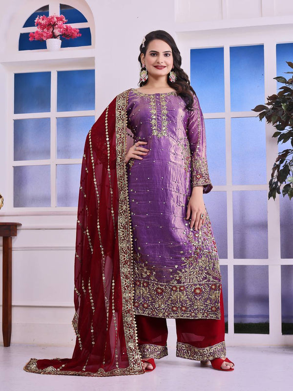 Shining Purple Color Heavy Frendy Silk Beautiful Embroidery And Sequence Work Palazzo Suit