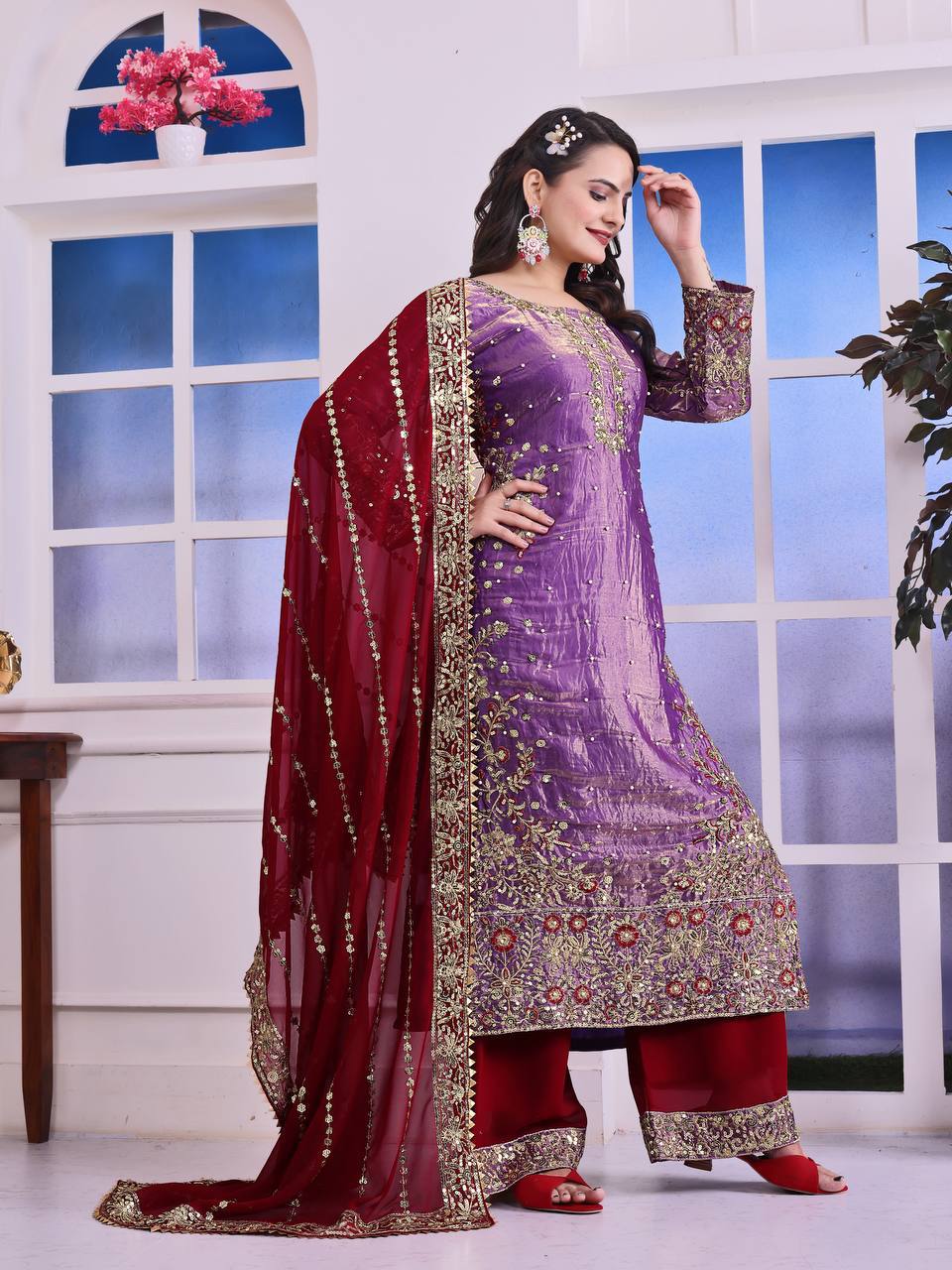 Shining Purple Color Heavy Frendy Silk Beautiful Embroidery And Sequence Work Palazzo Suit