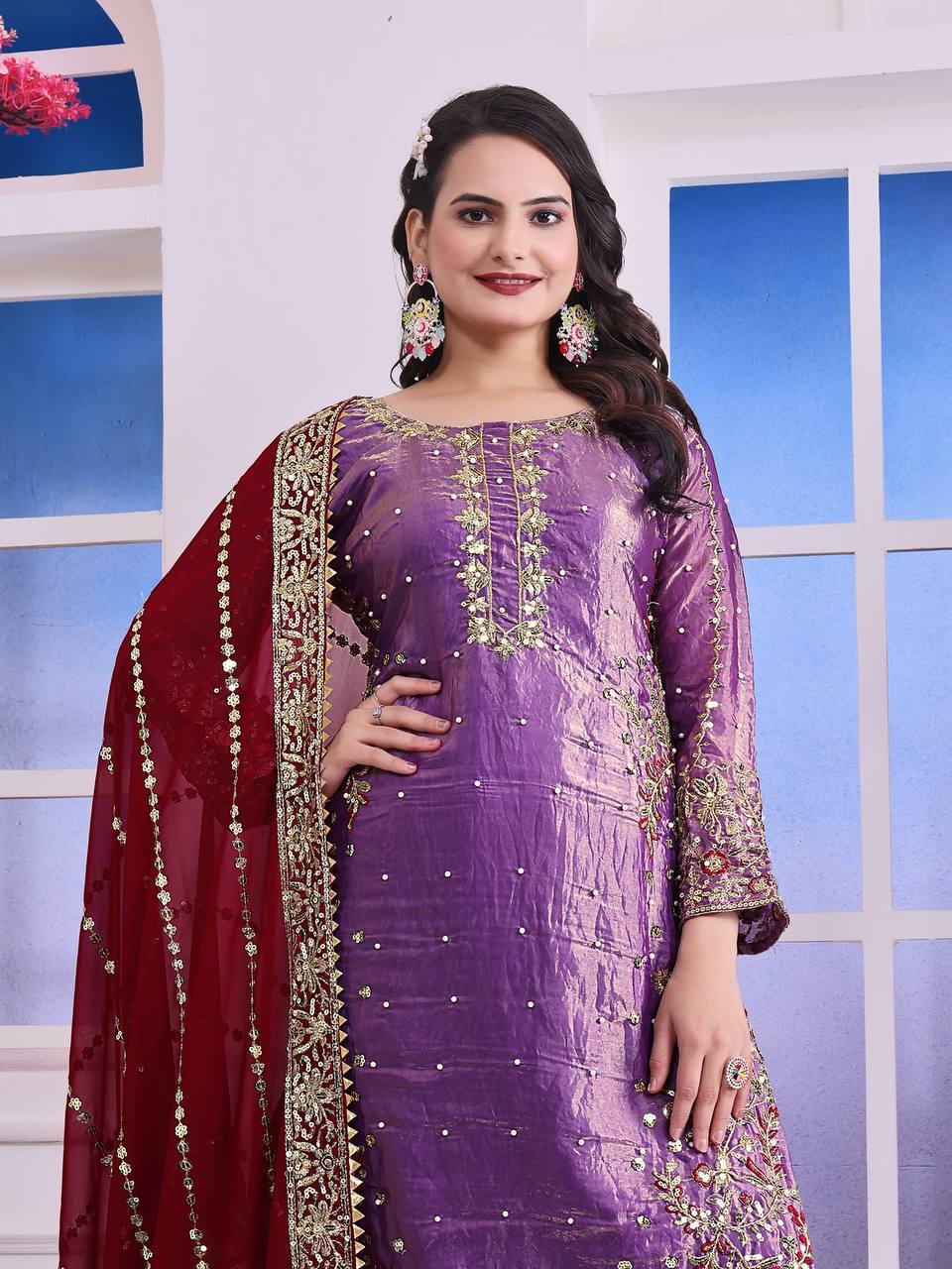 Shining Purple Color Heavy Frendy Silk Beautiful Embroidery And Sequence Work Palazzo Suit