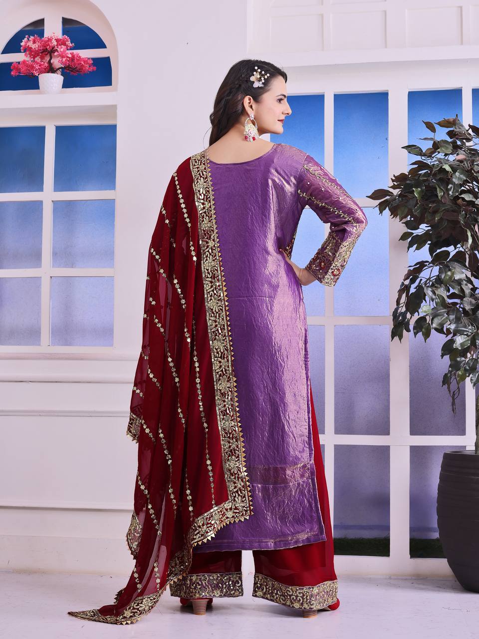 Shining Purple Color Heavy Frendy Silk Beautiful Embroidery And Sequence Work Palazzo Suit