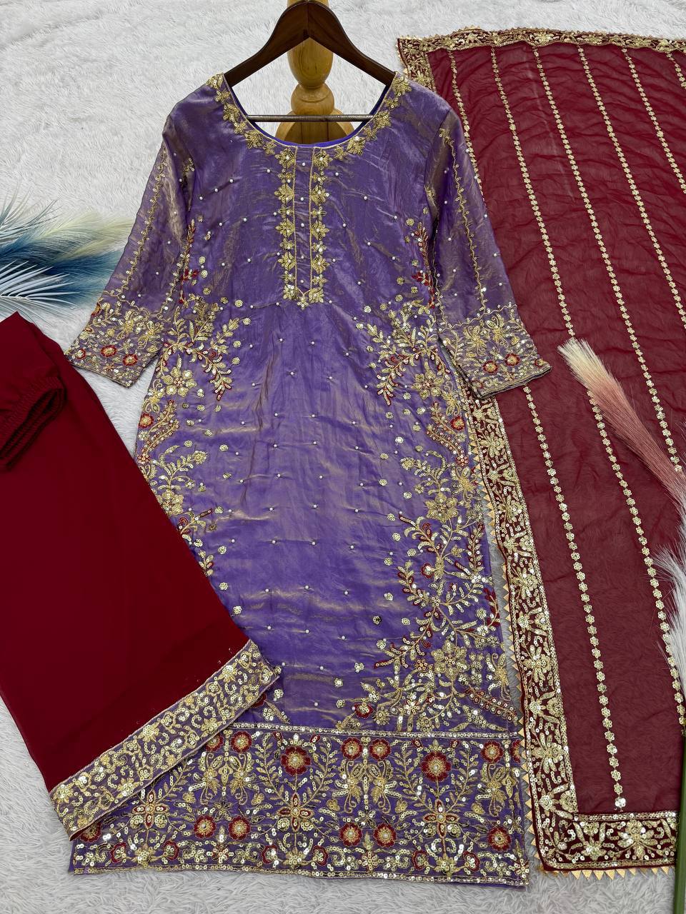 Shining Purple Color Heavy Frendy Silk Beautiful Embroidery And Sequence Work Palazzo Suit
