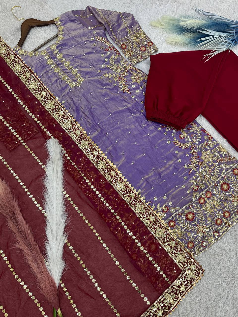 Shining Purple Color Heavy Frendy Silk Beautiful Embroidery And Sequence Work Palazzo Suit