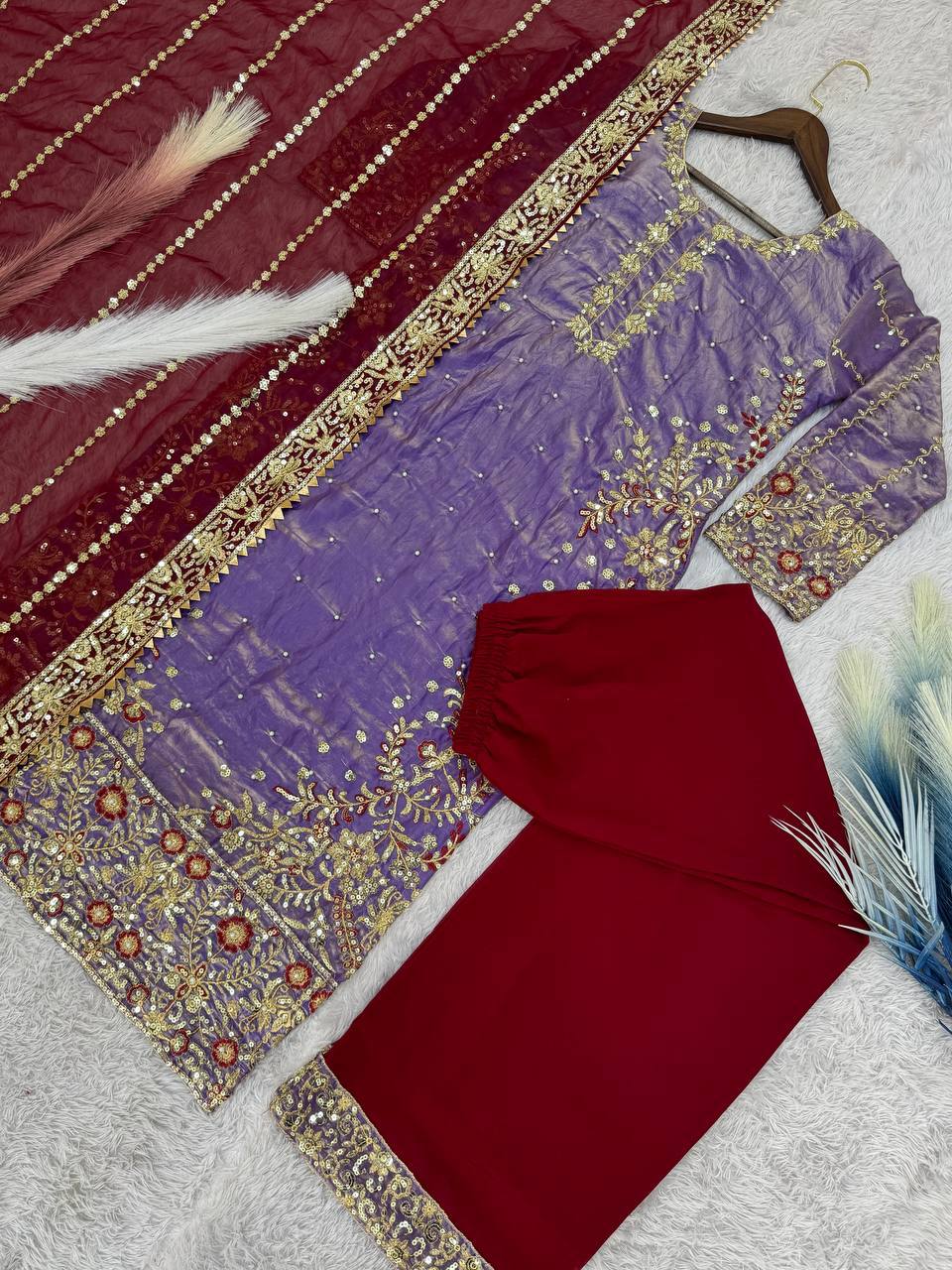 Shining Purple Color Heavy Frendy Silk Beautiful Embroidery And Sequence Work Palazzo Suit