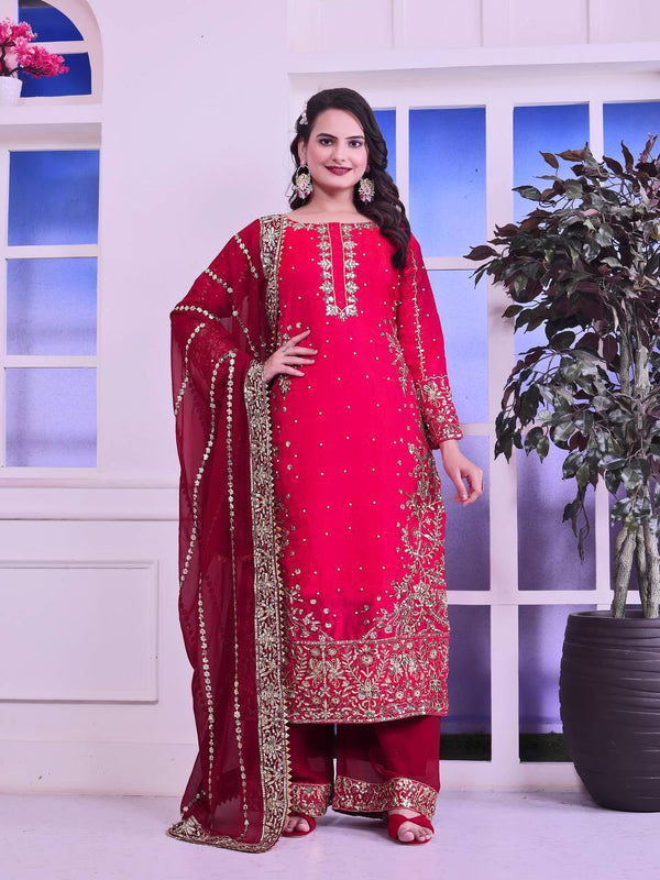 Gorgeous Red Color Heavy Frendy Silk Beautiful Embroidery And Sequence Work Palazzo Suit
