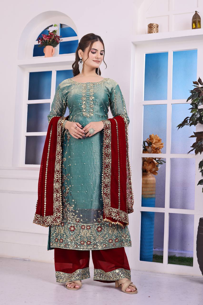 Attractive Green Color Heavy Frendy Silk Beautiful Embroidery And Sequence Work Palazzo Suit