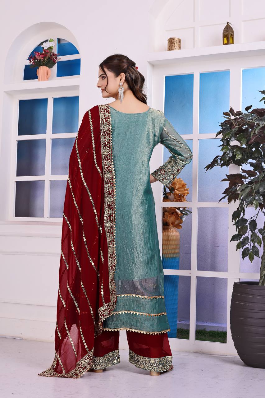 Attractive Green Color Heavy Frendy Silk Beautiful Embroidery And Sequence Work Palazzo Suit