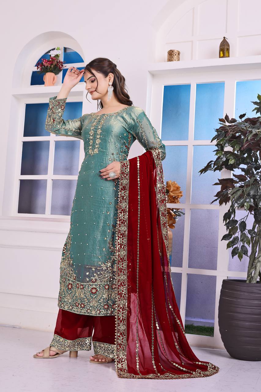 Attractive Green Color Heavy Frendy Silk Beautiful Embroidery And Sequence Work Palazzo Suit