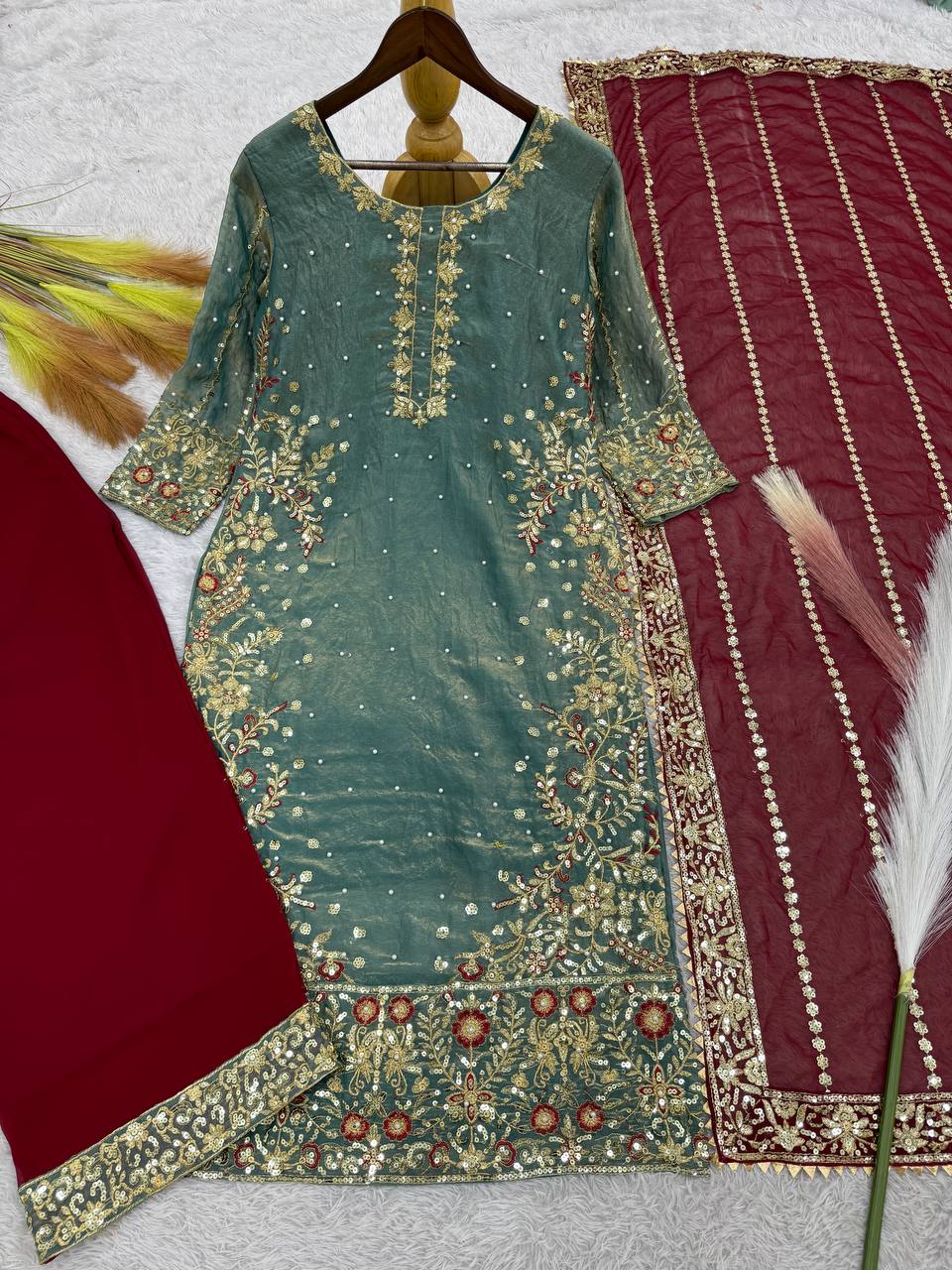 Attractive Green Color Heavy Frendy Silk Beautiful Embroidery And Sequence Work Palazzo Suit