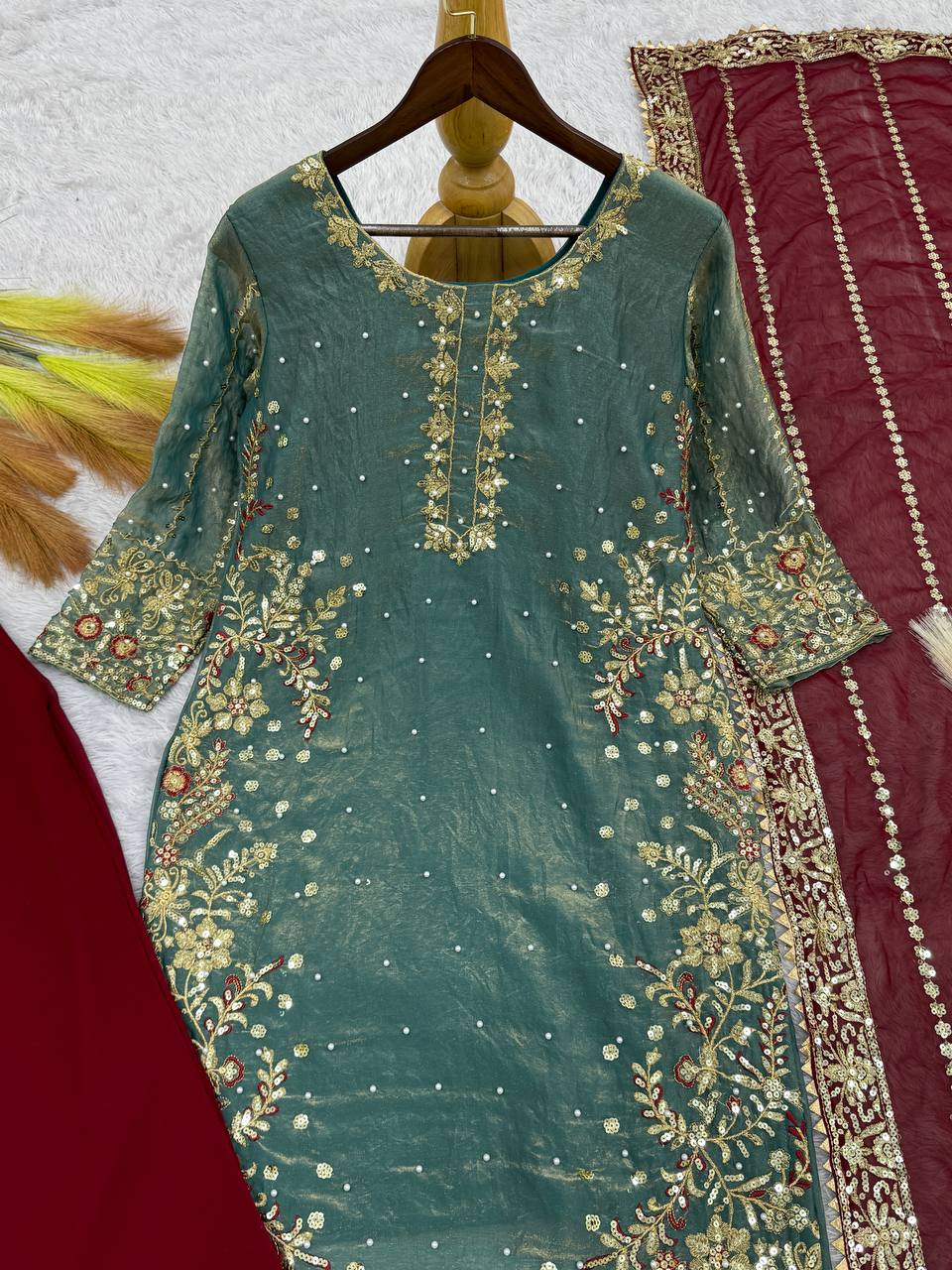 Attractive Green Color Heavy Frendy Silk Beautiful Embroidery And Sequence Work Palazzo Suit
