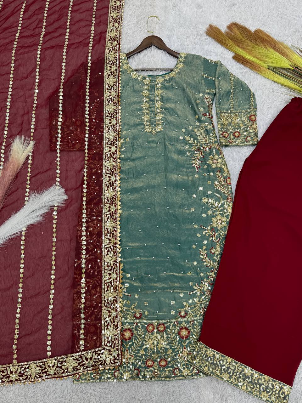 Attractive Green Color Heavy Frendy Silk Beautiful Embroidery And Sequence Work Palazzo Suit