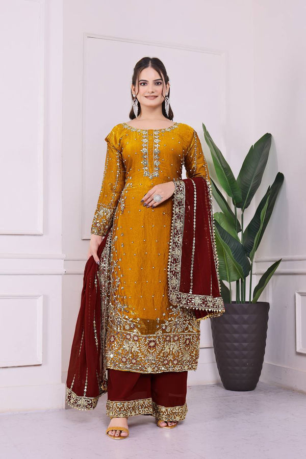 Exclusive Mustard Color Heavy Frendy Silk Beautiful Embroidery And Sequence Work Palazzo Suit