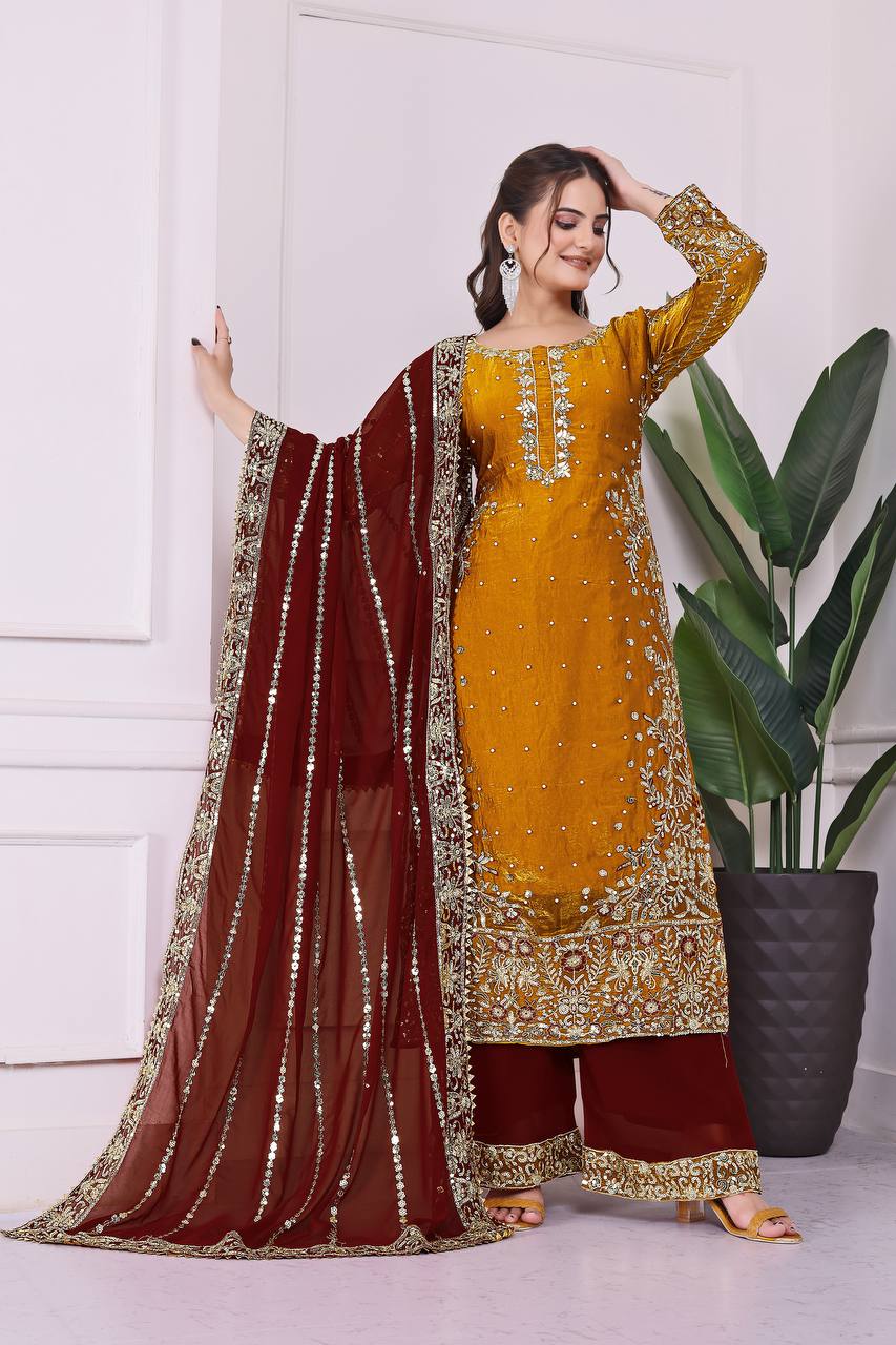 Exclusive Mustard Color Heavy Frendy Silk Beautiful Embroidery And Sequence Work Palazzo Suit