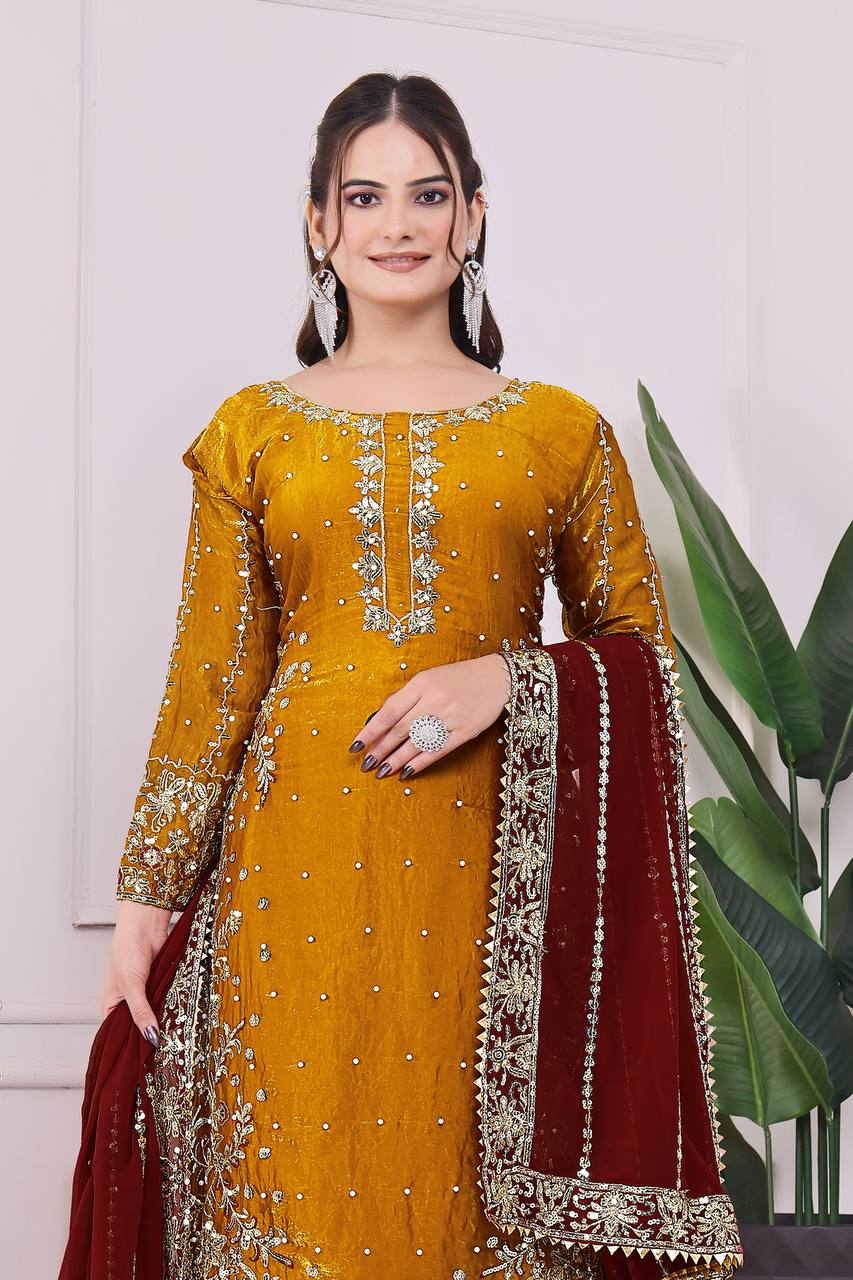 Exclusive Mustard Color Heavy Frendy Silk Beautiful Embroidery And Sequence Work Palazzo Suit