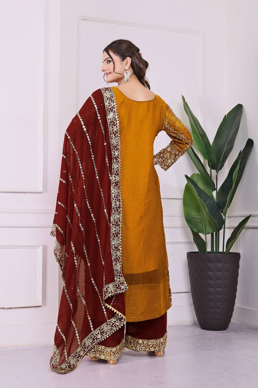 Exclusive Mustard Color Heavy Frendy Silk Beautiful Embroidery And Sequence Work Palazzo Suit